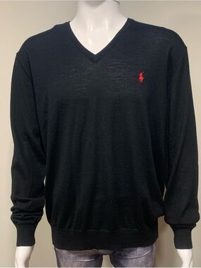 Polo Ralph Lauren Pullover Sweater Black Merino Wool Pony Logo V-Neck Mens XXL